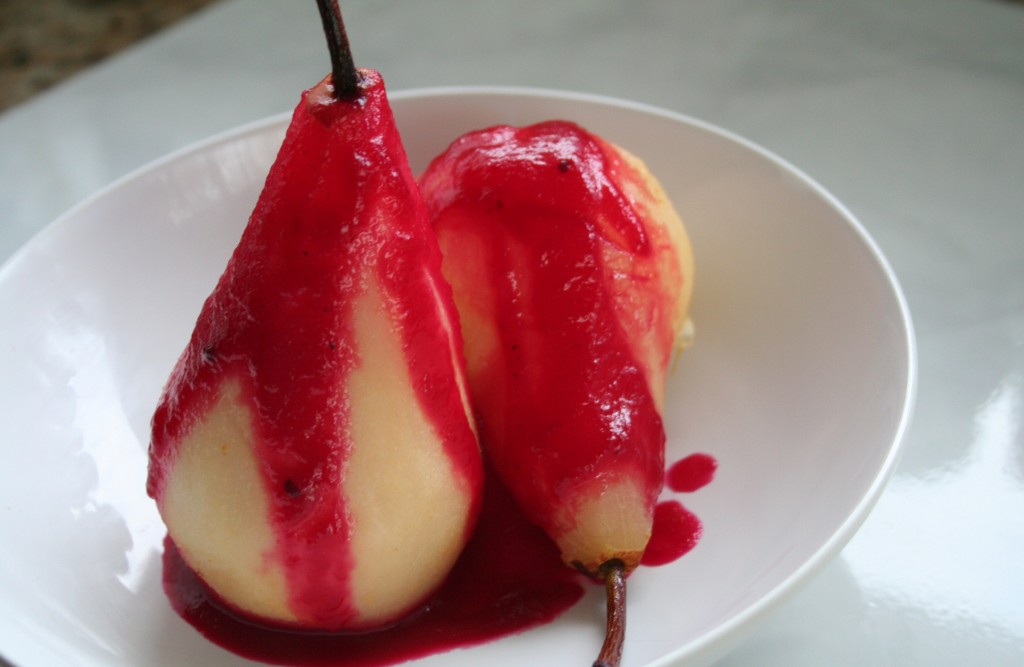 Tequila Poached Pears with Prickly Pear Coulis